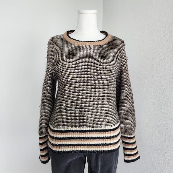 Vintage 90s Y2K Tan Black Knit Crew Neck Sweater Minimalist Fall Pullover L - Picture 10 of 10